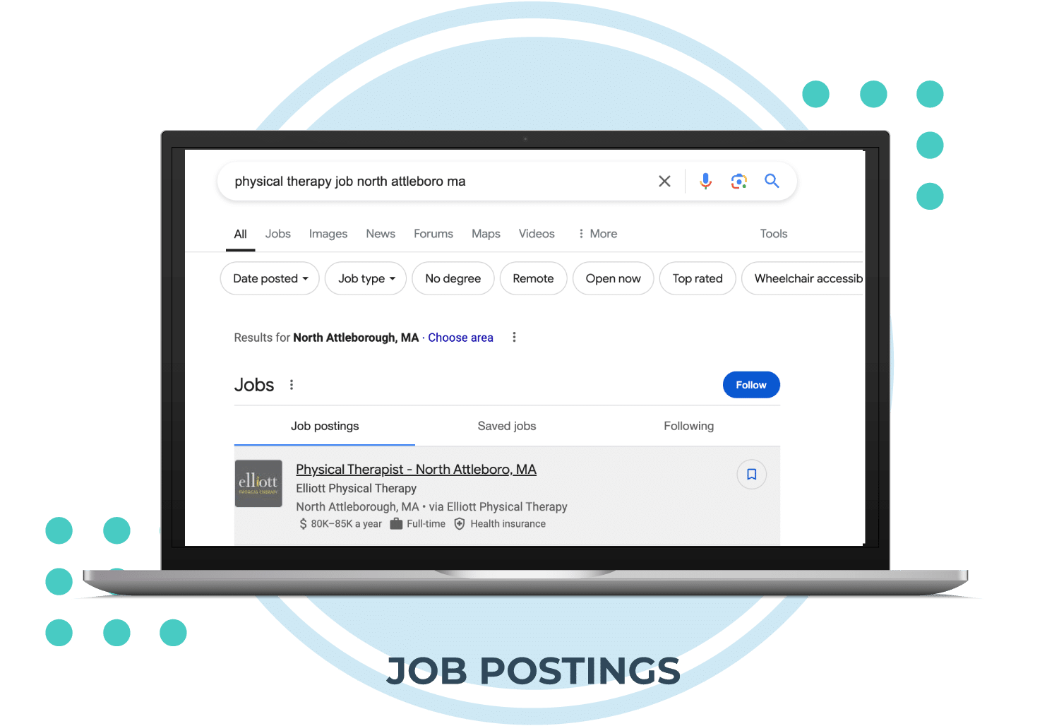 Google search results showing physical therapist job postings on a laptop