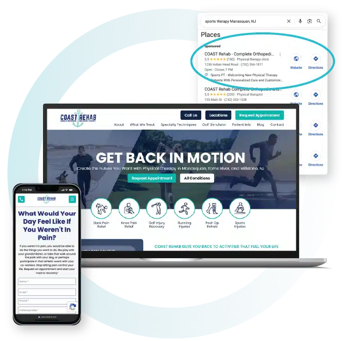 Coast Rehab's Google search ranking alongside its website homepage with the tagline "Get Back in Motion" on laptop and phone