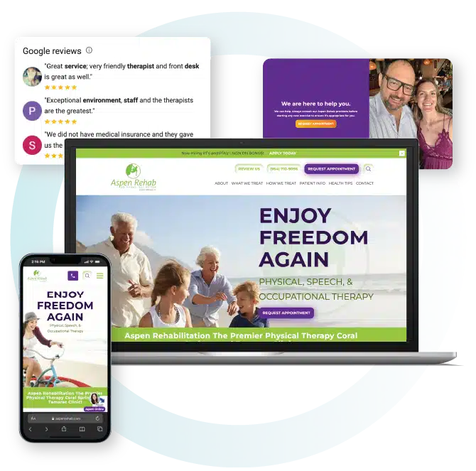 Aspen Rehab website shown on laptop and phone with the tagline "Enjoy Freedom Again," alongside five-star Google reviews
